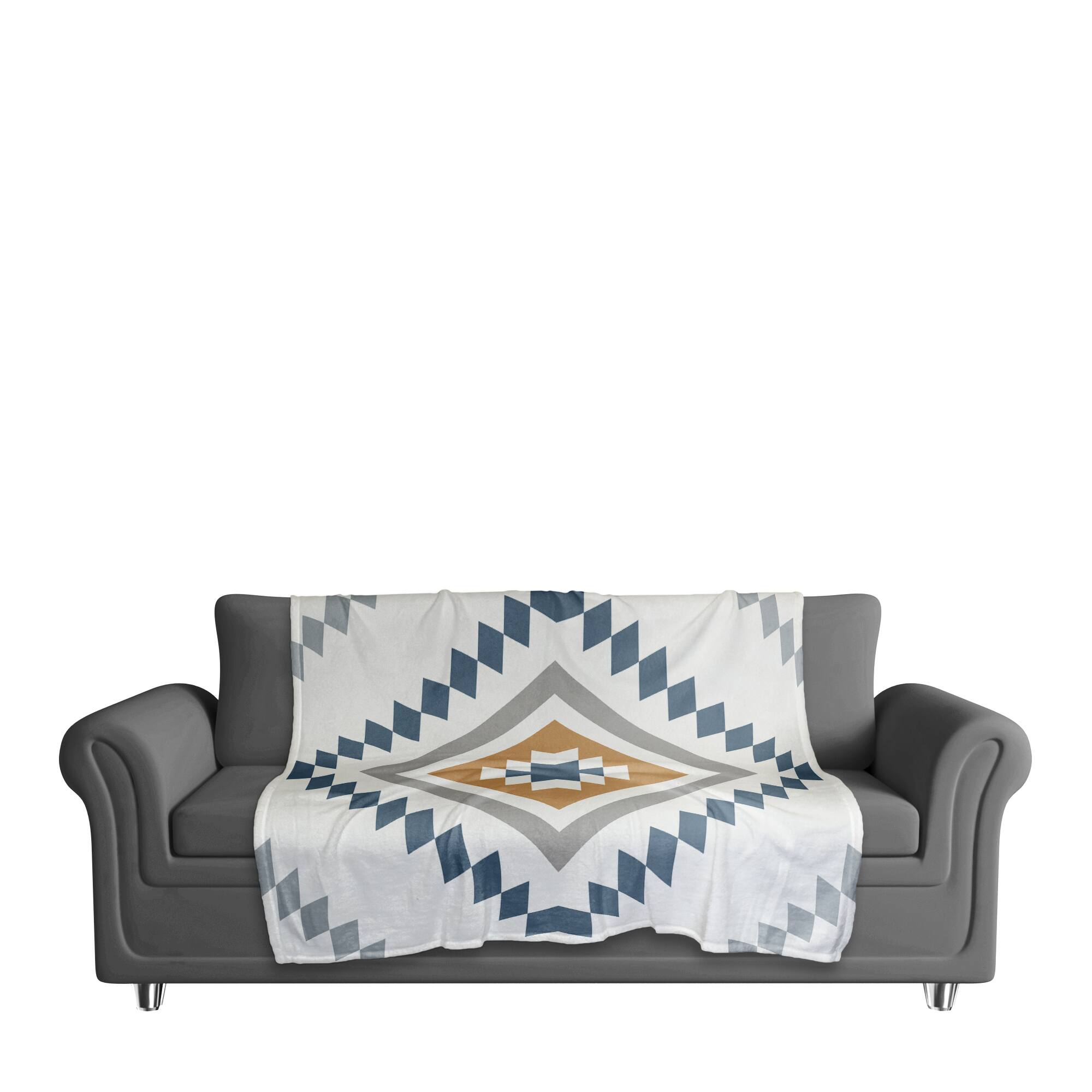White, Blue & Yellow Southwestern Diamond Pattern Coral Fleece Blanket
